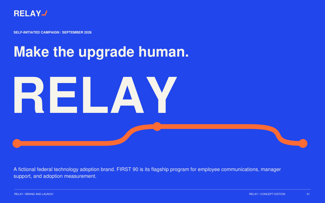 RELAY brand and launch book in cobalt, ivory, orange and ink